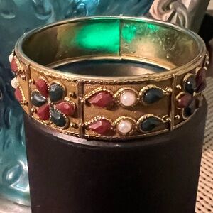 Gold-Tone Bracelet with Red, Dark Green & Pearl Accents/small wrist/hands- 2 pcs